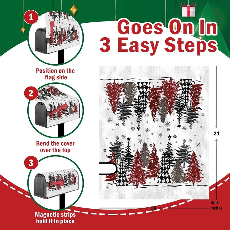 FBCOO Christmas Tree Mailbox Cover Magnetic Standard Size 20.5" x 18", Xmas Buffalo Plaid Snowflake Decorative Post Letter Box Wrap Decor, Winter Holiday Farmhouse Garden Yard Outdoor Decoration - Image 2